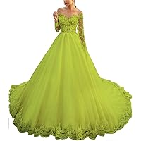 Women's Sheer Neck Long Sleeves Vintage Boho Wedding Dress Lace Applique Bridal Gowns with Sweep Train Lemon Green