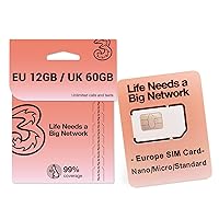 UK SIM Card 30Days 60GB / Europe SIM Card 30Days 12GB, Unlimited Local Calls and SMS, Applicable to 72 Countries, Support 4G/5G Operating Networks, Unlimited Speed UK Three SIM Card.