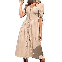 Summer A-Line Dresses for Womens, Ladies Button Down Cotton Linen Sundress Puff Short Sleeve V Neck Loose Fit Bohemian Dress
