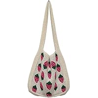 Bemvp Casual Shoulder Bag Cute Strawberry Pattern Handbag Knitted Shopping Bag Crochet Tote Bag Travel Handbag for Women Girls