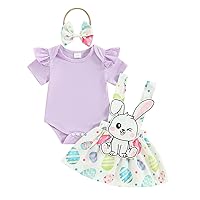 Baby Girl Easter Outfit Bunny Ruffle Short Sleeve Shirt Onesie Suspender Skirt Newborn Easter Clothes+Headband