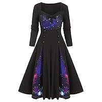 Andongnywell Women?s Vintage Printing Cocktail Formal Swing Dress V-Neck Big Swing with Printed Buttons Dresses