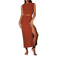 Pink Queen Women's 2 Piece Sweater Outfits Set Sleeveless Crop Top Ribbed Split Bodycon Midi Long Skirt Knit Dresses
