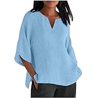 Linen Shirts for Women 3/4 Sleeve Crewneck Oversized T Shirts Loose Casual Blouses Lightweight Trendy Summer Tops 2024