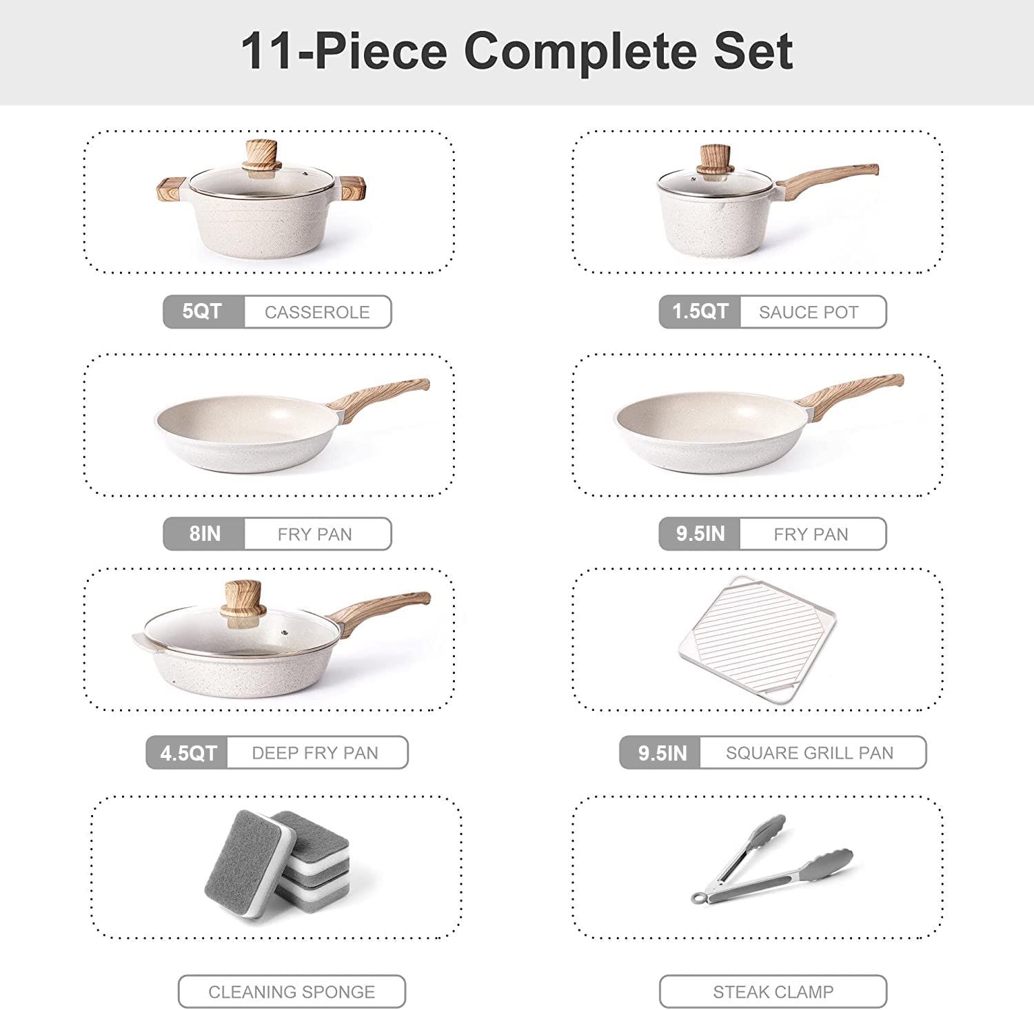 Pots and Pans Set - Caannasweis Nonstick Cookware Sets Granite Frying Pans for Cooking Marble Stone Kitchen Essentials 11 Piece Set Beige
