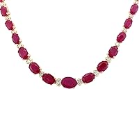 33.2 Carat Natural Red Ruby and Diamond (F-G Color, VS1-VS2 Clarity) 14K Yellow Gold Luxury Tennis Necklace for Women Exclusively Handcrafted in USA