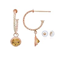 10K Rose Gold 12mm Rope Half-Hoop with 4mm Round Bezel Drop Earring with Silicone Back