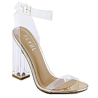REVOL Maria-2 Clear Chunky Block High Heels for Women, Transparent Strappy Open Toe Shoes Heels for Women