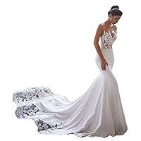 Spaghetti Lace Mermaid Beach Wedding Dresses Satin Lace Applique Sweep Train Boho Bridal Gowns