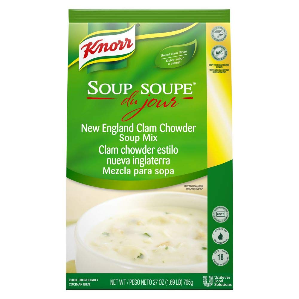 Knorr Professional Soup du Jour New England Clam Chowder Soup Mix No added MSG, 0g Trans Fat per Serving, Just Add Water, 27 oz, Pack of 4