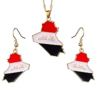 Republic of Iraq Map Flag Pendant Sets - Necklace and Earrings Hip Hop Jewelry Set, Charm Thin Chain Patriotic Ethnic Ear Hook for Women Men Souvenir Party Gift