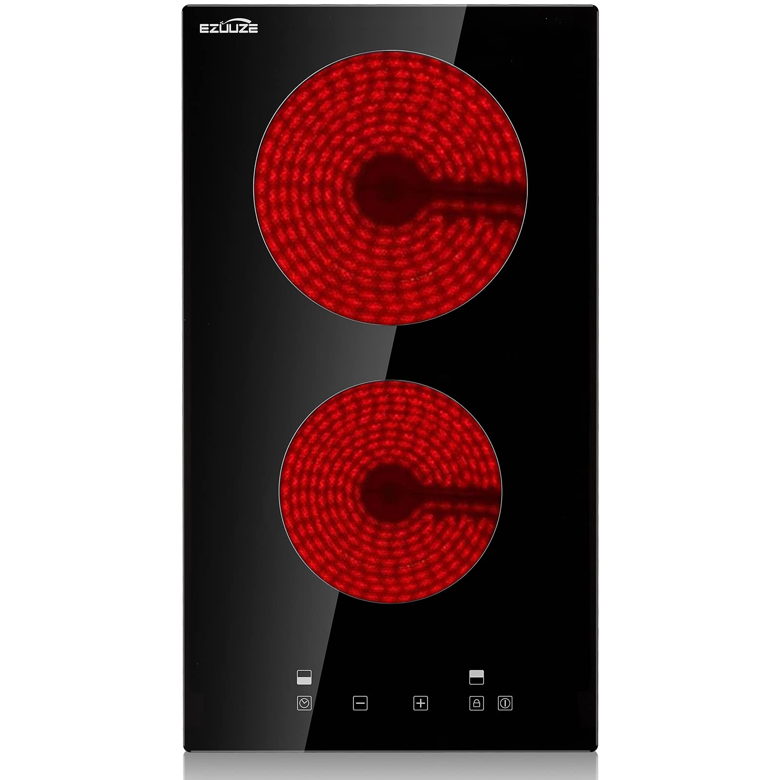 Electric Cooktop, EZUUZE 2 Burner Electric Cooktop,12 Inch Electric Stove Built in, Safety lock, 9 Heating Level, Residual Heat Warning, Sensor Touch Control, 240V Ceramic Cooktop