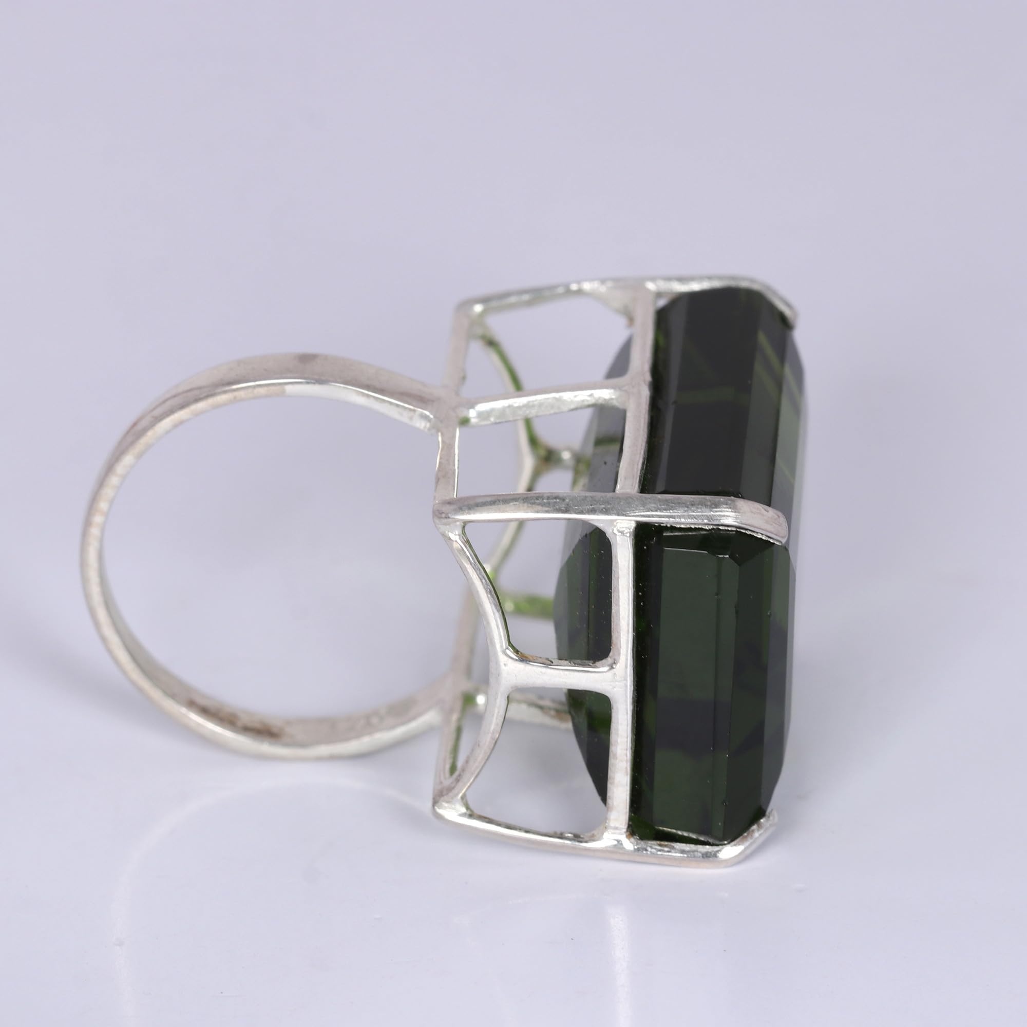 REAL-GEMS Man Made Dark Green Amethyst 86 CT Solid 925 Silver Emerald Cut Ring for Gifts Beautiful Gemstone Ring for Wedding
