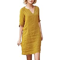 XJYIOEWT Bodycon Dresses for Women,Women's Cotton and Linen Small V Neck Splicing Retro Solid Color Seven Quarter Sleev