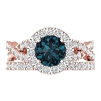 Clara Pucci 2.5 ct Round Cut Halo Solitaire Natural London Blue Topaz Designer Art Deco Statement Wedding Ring Band Set 18K Rose Gold