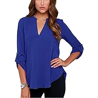 Andongnywell Women's Solid Color Long Sleeve V Neck Chiffon Blouses Tops Pleated Button Shirts Loose Chiffon Shirt