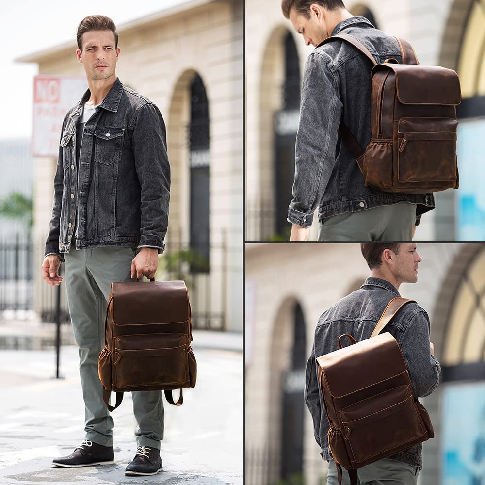 Vintage Full Grain Leather 15.6 Inch Laptop Backpack for Men Casual Business Travel Rucksack Work Bag Daypack Brown, Large