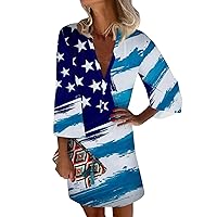 Red White and Blue Dress for Women Patriotic Dress for Women Sexy Casual Vintage Print with 3/4 Length Sleeve Deep V Neck Independence Day Dresses Sky Blue XX-Large