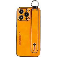 ONNAT- Leather Case for iPhone 15 Pro Max/15 Pro/15 Plus/15 Lens Protection Cover with Wrist Strap Kickstand Designed PC Shockproof Case,Blue,15 (Orange,15 Pro Max)