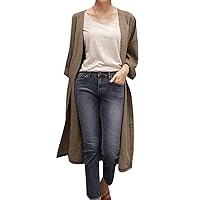 Flygo Women's Open Front Thin above knee Cardigan Coat Cotton Linen Mid Long Clothing