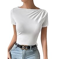 Verdusa Women's Ruched Boat Neck Short Sleeve Slim Fitted Tee T Shirt Top