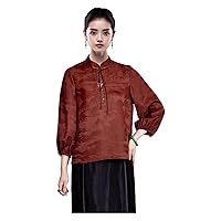 Women Blouse Silk Red Cloud Yarn Jacquard Mock Collar 3/4 Sleeve Hand Button Brown Retro Pullover Top 155