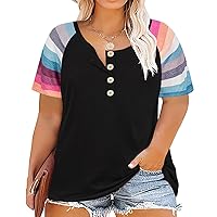 RITERA Plus Size Tops for Women Short Sleeve Shirt Colorblock Shirt Button Tee Shirt Casual Crewneck Blouse Loose Tee Summer Black - Striped 2XL