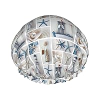 Bottle Seashell Starfish Lighthouse Print Double Layer Waterproof Shower Cap, Suitable For All Hair Lengths (10.6 X 4.3 Inches)