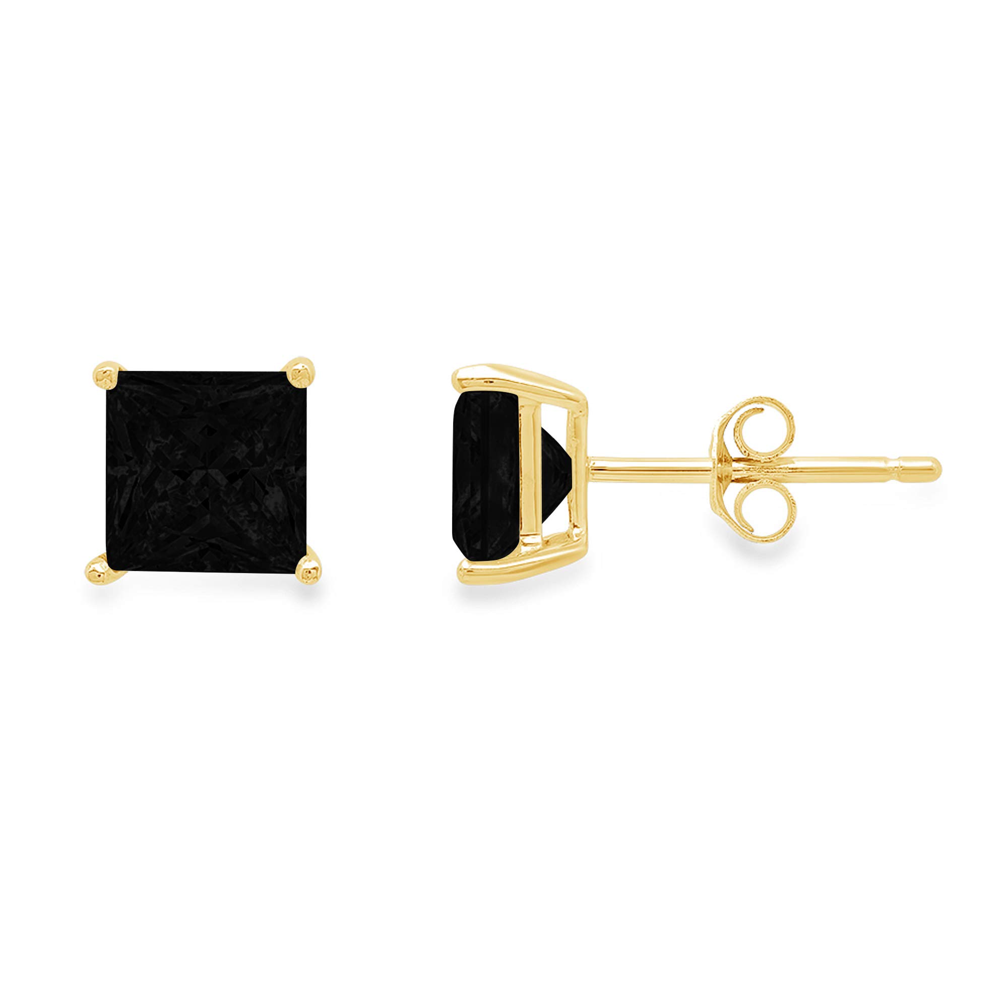 Clara Pucci 1.0 ct Brilliant Princess Cut Solitaire VVS1 Flawless Natural Black Onyx Gemstone Pair of Stud Earrings Solid 18K Yellow Gold Butterfly Push Back