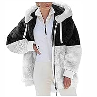 2023 Winter Coats for Women, Fuzzy Fleece Jacket Hooded Color Block Patchwork Cardigan Coats Outerwear