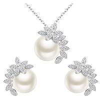 BiBeary Women Elegant Zirconia Simulated Pearl Leaf Flower Simple Earring Necklace Jewellery Set