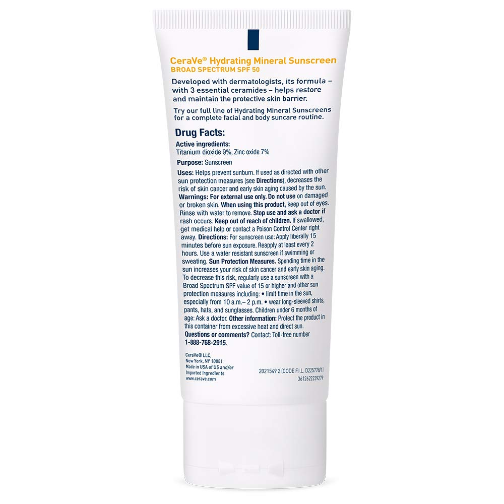 CeraVe 100% Mineral Sunscreen SPF 50 | Face Sunscreen with Zinc Oxide & Titanium Dioxide for Sensitive Skin | With Hyaluronic Acid, Niacinamide, and Ceramides | 2.5 oz