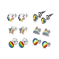 6 Pairs Punk Rock Gay Lesbian Pride Earrings Set Stainless Steel Rainbow Stud Earrings for Men Women Gay and Lesbian LGBT Pride Jewelry Earrings for Christmas