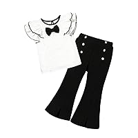 Girl's 2 Piece Outfit Ruffle Sleeve Bow Front Blouse and Buttons Front Flare Leg Pants Set