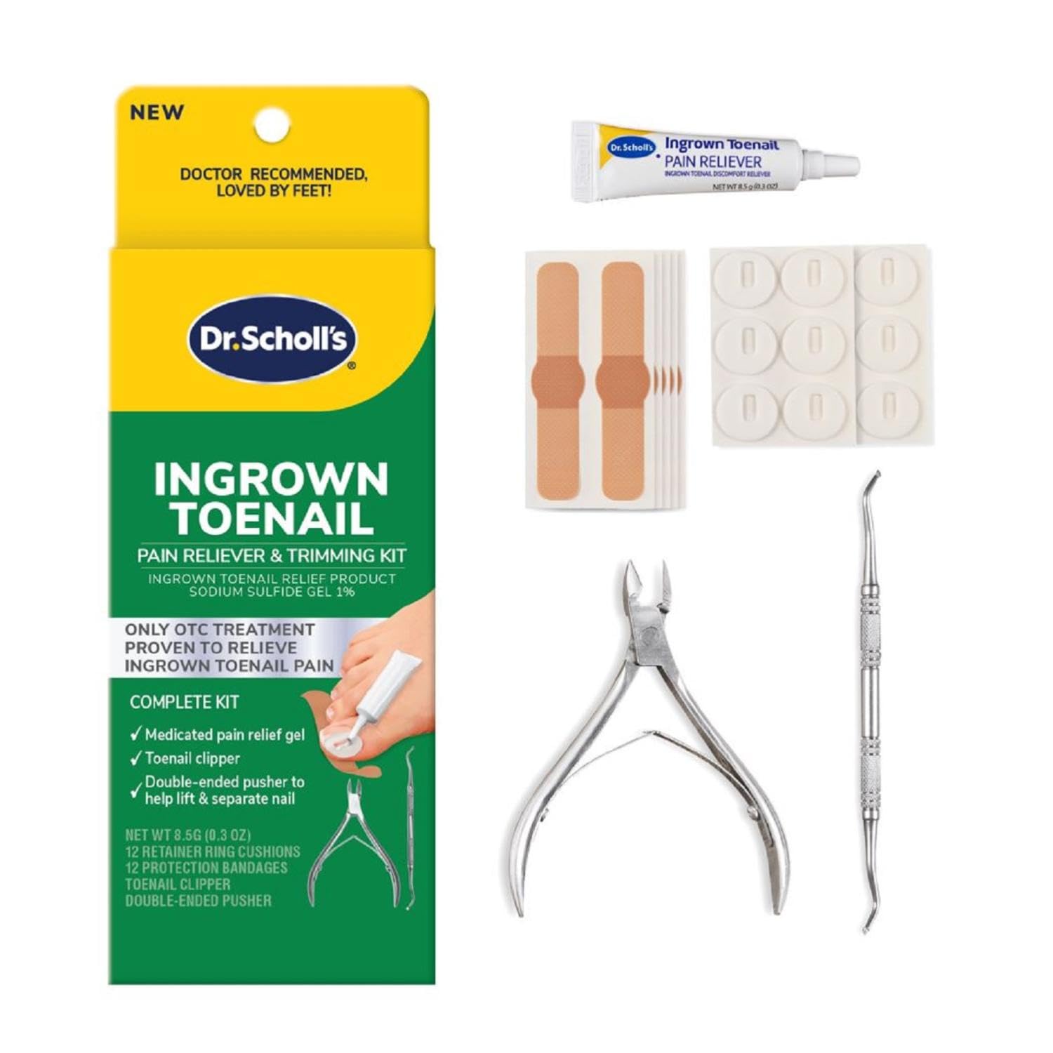 Dr. Scholl's INGROWN TOENAIL PAIN RELIEVER & TRIMMING KIT, 0.3 oz // Only OTC Treatment Proven to Relieve Ingrown Toenail Pain - Includes Medicated Gel + Foam Rings + Bandages + Clipper & Pusher Tools