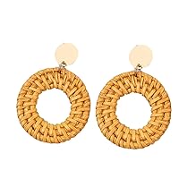 Straw Rattan Earrings for Women Girls Summer Beach Accessories for Women Woven Brown Wicker Earrings Womens Drop Dangle Earrings Geometric Disc Circle Earrings