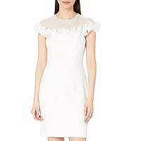 Adrianna Papell Stretch Knit Crepe Sheath Dress with Illusion Neckline & Ruffle Detail