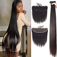 Bundles Human Hair With Frontal(30 32 34 + 20,Free Part) 100% Natural Straight Human Hair Extensions 13x4 HD Transparent Lace Frontal With Black 3 Bundles Brazilian Real Human Hair