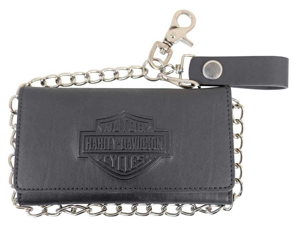 Harley-Davidson Men's B&S Biker Chain Tri-Fold Tall Leather Wallet - Black