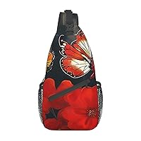 Sling Bag for Women Men Red flowers and butterflies Cross Chest Bag Diagonally Casual Fashion Travel Hiking Daypack