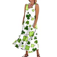 Plus Size Summer Dresses Crewneck Hanky Hem Slacking Relaxed Fit Linen Shamrock Pattern St Patrick's Day Dresses for Women