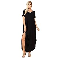 Women's Long Split Maxi Dress Casual Loose V Neck Short Sleeve Beach with Pockets