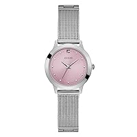 GUESS Stainless Steel Mesh Bracelet Watch with Pink Genuine Diamond Dial. Color: Silver-Tone (Model: U1197L3)