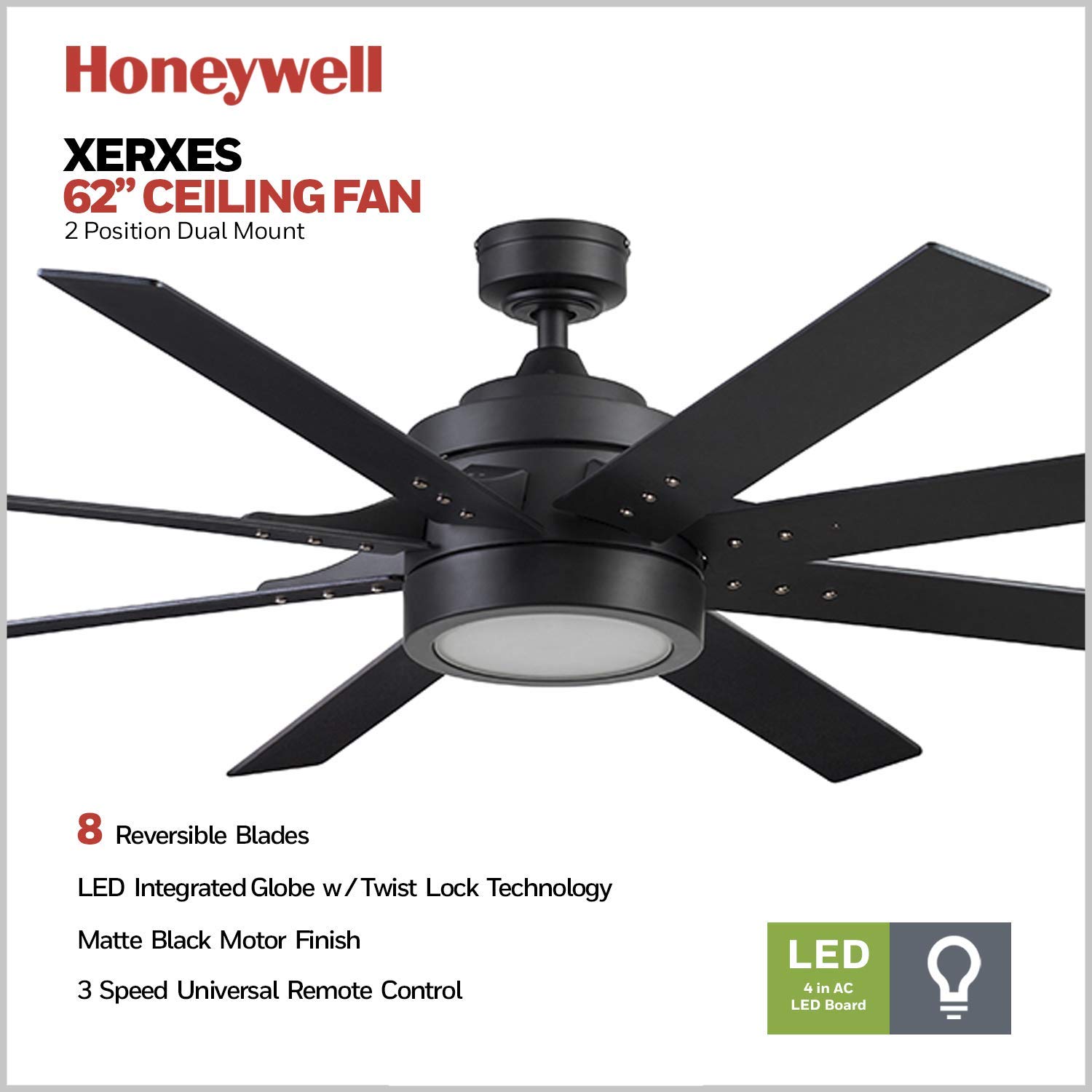 Honeywell Ceiling Fans Xerxes, 62 Inch Contemporary LED Ceiling Fan with Light and Remote Control, 8 Blades with Dual Finish, Reversible Motor - 51473-01 (Matte Black)