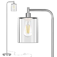QiMH Industrial Floor Lamp for Living Room, Modern Standing Lamp with HD Glass Lampshade and Pedal Switch, 67” Tall Pole Light for Bedroom Study Room, Brushed Silver (2700K LED Bulb Included)
