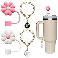 2PCS Straw Cover for Stanley Cup 30&40 Oz 10mm Flower Silicone Straw Topper Protector Lid with 2PCS Initial Personalized Letter Charm Stanley Cup Accessories (2PCS Letter K+2PCS Flowers)