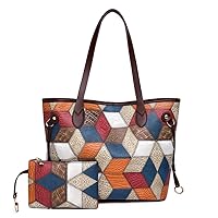 Vintage Women Handbags and Purse Set Multicolor Patchwork Tote Bags Soft Leather Shoulder Bag Zipper Wallet 2 Pcs