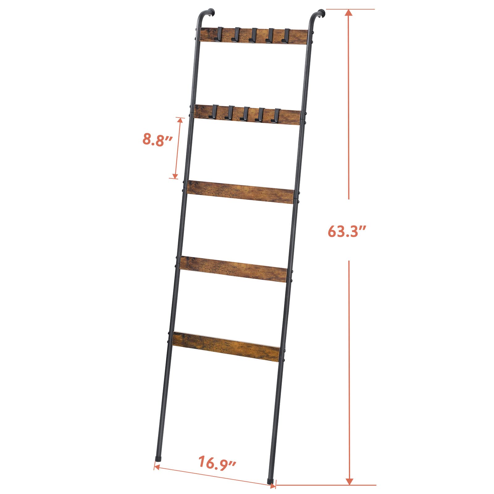Ousheng Blanket Ladder, 5 Tier Blanket Holder with 10 Removable Hooks, Farmhouse Style Blanket Ladder for Living Room Bathroom, Decorative Wall Mounted Wooden Quilt Standing Towel Drying Storage Rack