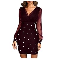 Summer Dresses for Women 2024 Trendy Spring Sparkly Sequin Long Sleeve Bodycon Mini Dress Sexy V Neck Ruched Party Dress