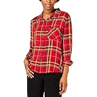 Womens Collared Plaid Button-Down Top Red XS